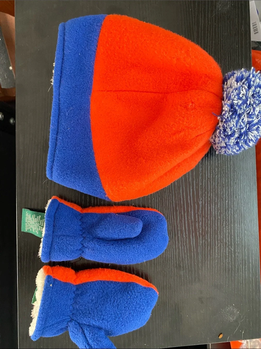 L.L. Bean Kids Orange and Blue Fleece Pom-Pom Hat with Matching Mittens 12-24 mo